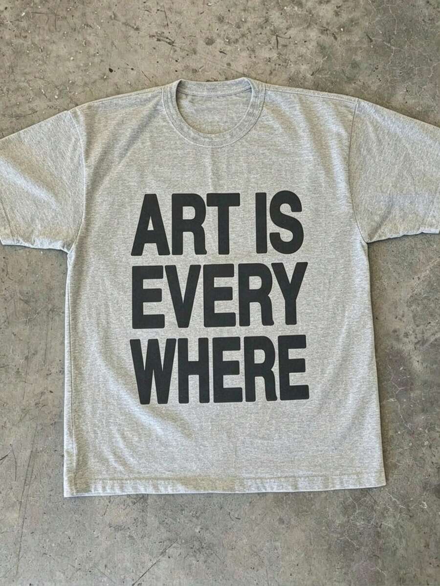 Art Is Everywhere Graphic T-Shirt - Soft, Breathable Crew Neck Tee, Lightweight & Comfortable Casual Summer Wear, Black Letter Print On White Background, Artistic Fashion Statement-Everyday Casual Cotton T-Shirt,Cotton Graphic T-Ghirt,Alphabet Print Unisex T-Shirt New Years Outfit Women Birthday Outfits For Women - Xám - Xem 1