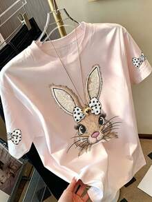 Tween-Mädchen 1 Stück T-Shirt mit Schleife und Hasen-Muster, Kleidung, Sommergeschenk für Kinder - Pink - Übersicht 1