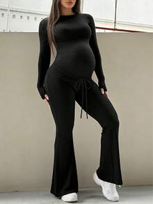 Calça Flare Sólida de Maternidade, Confortável, Minimalista e Versátil para o Dia a Dia, Preta - Preto - Visão 2