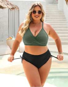 Women's High Waisted Bikini Sets, Crisscross Tie Back Drawstring Tummy Control Two Piece Swimsuits Bathing Suit - 黑綠色 - 查看 5