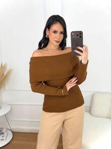 Women's Off-Shoulder Knit Sweater With Long Ribbed Sleeves, Modern Casual Style, Winter Fashion. - 駝色 - 查看 2