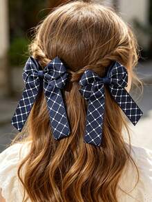 2pcs Navy Blue Argyle Polka Dot Print Bow Decor Hair Clips, Suitable For Daily Use - Multicolor - View 6