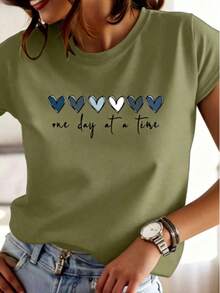 Simple Straight Tee Six Gradient Blue Grey Hearts Gentle Handwritten Text Print, Silky Skin Friendly Top For Relaxed Daily Wear - 綠色 - 查看 10
