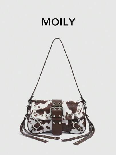 1pc Cow Print Shoulder Saddle Bag, PU Material, Buckle Rivet Design, Suitable For Daily Commute, Shopping, Travel, Vacation, Party, Banquet And Cosmetic Storage, Best Gift For Girlfriend, Also A Must-Have Fashion Party Item