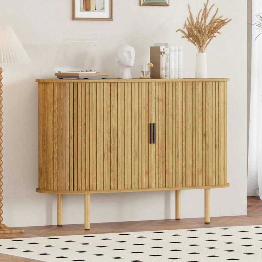 Mid-Century Modern Sideboard Cabinet With Sliding Doors, 47" Accent Storage Buffet For Entryway, Living Room, Or Kitchen Organization - Beige - View 1