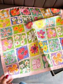 1pc Vintage Painting Style Colorful Floral Scarf, Multi-Purpose Hair Tie & Decorative Neckerchief,Travel Essential,Beach Towel - Multicolor - View 3