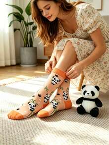 1 Đôi tất nữ Dopamine hình gấu trúc hoạt hình dễ thương, quà tặng vui nhộn, phong cách đường phố, tất dài đến bắp chân, đa năng, phù hợp mọi mùa - Nhiều màu - Xem 5