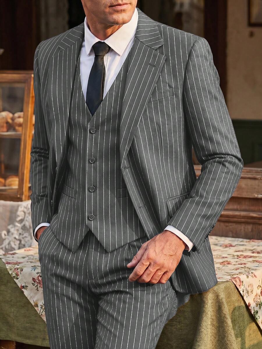 3 Pieces Mens Suits Pinstripe Suit Slim Fit Casual Dress Suits For Wedding Party Blazer+Vest+Pants, Men's Formal Business Commuting Suits With Waistcoat - Màu xám đen - Xem 1