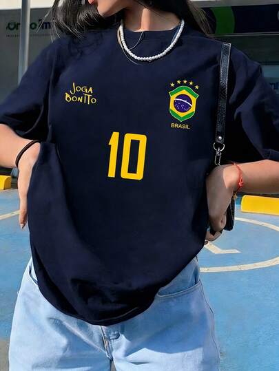 Women's Casual Brazil National Team No.10 Print T-Shirt, Joga Bonito Pattern Short Sleeve Round Neck Top, Breathable Comfortable Football Sports Style Shirt, Street Hip-Hop Vibe For Summer Daily Wear, Suitable For World Cup Football Events, Fan Gifts, Vacation, Fitness, Outdoor Activities