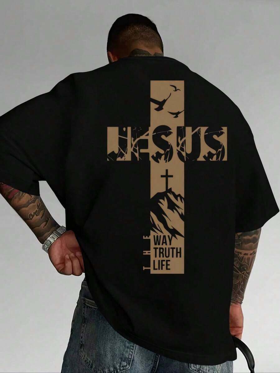 2026.Tops.Christian Style Jesus Cross Short Sleeve T-Shirt Faith Theme Loose Top Men's Clothing - Black - View 1