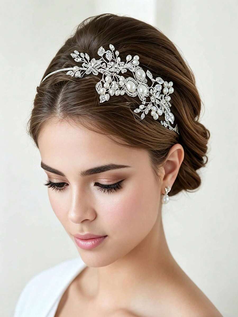 1pc Women's Handmade Silver Alloy Pearl Headband, Bridal Wedding Party Accessory - Silver - View 1