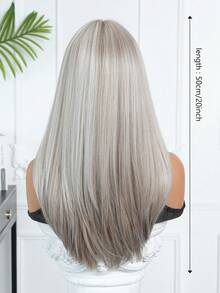 20 Inch Layered Straight Synthetic Wig With Bangs, Light Golden Color, Y2K Style Silver Gray Long Hair Wig, Suitable For Women Halloween, Christmas, Cosplay Party Gifts - Grey - View 7