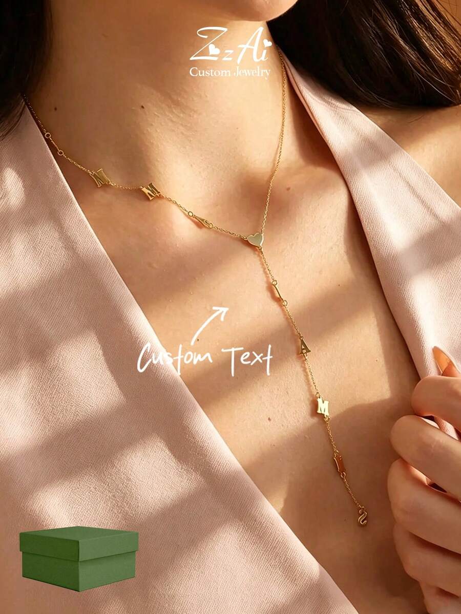 1pc Personalized Latin Necklace, Can Customize 1-12 Letter Name, Standard Y-Shape Letter Name Necklace, Enhance Your Style, Women's Gold-Plated Name Necklace - Love Model - View 1
