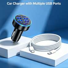Cargador de coche multifunción con 4 puertos USB + 5 puertos PD, cargador de coche portátil + cable de datos USB-C a Type-C, compatible con 9 puertos para carga rápida y transferencia de datos de alta eficiencia, compatible con iPhone 17/16/15, S26/S25/S24/S23/S22/S21/S20 Ultra Plus, Series - Unitalla - Ver 1