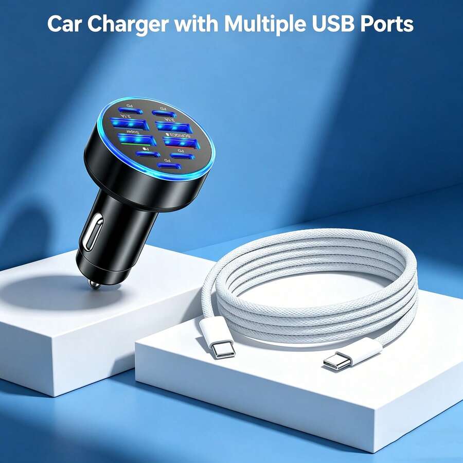 Cargador de coche multifunción con 4 puertos USB + 5 puertos PD, cargador de coche portátil + cable de datos USB-C a Type-C, compatible con 9 puertos para carga rápida y transferencia de datos de alta eficiencia, compatible con iPhone 17/16/15, S26/S25/S24/S23/S22/S21/S20 Ultra Plus, Series - Unitalla - Ver 1