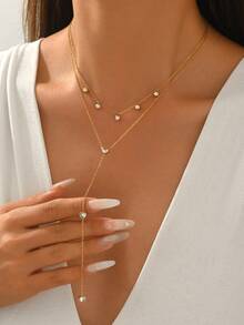 1 Stück Damen Halskette aus Edelstahl in Gold mit kubischen Zirkonia, Y-förmig, mehrschichtig, süß und elegant mit herzförmigen kubischen Zirkonia-Strass-Dekorationen, 18 Karat vergoldet, modischer Schmuck für Damen zum täglichen Tragen oder als Geschenk - Gold - Übersicht 1