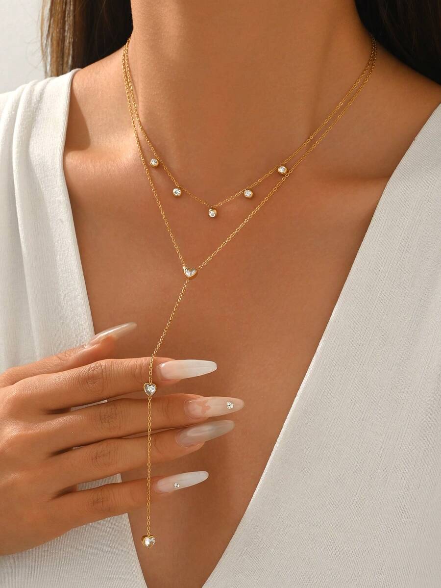 1 Stück Damen Halskette aus Edelstahl in Gold mit kubischen Zirkonia, Y-förmig, mehrschichtig, süß und elegant mit herzförmigen kubischen Zirkonia-Strass-Dekorationen, 18 Karat vergoldet, modischer Schmuck für Damen zum täglichen Tragen oder als Geschenk - Gold - Übersicht 1