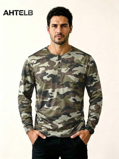  AHTELB Men's Summer Printed Camouflage Pattern Crew Neck Pullover Long Sleeve Top, Lightweight Long Sleeve, Fitness Sportswear, Breathable, Moisture Absorbing, Gifts For Friends, Husbands, Boyfriends