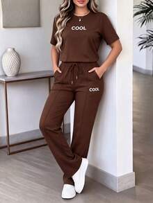 女士新款夏季两件套，个性化字母印花圆领短袖T恤搭配高腰抽绳直筒裤 - 咖色90 - 查看 3