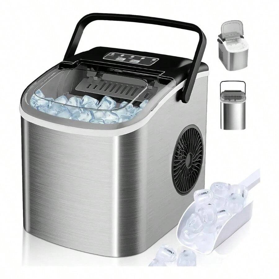 Máquina Para Hacer Hielo Eléctrica Portátil 12kg Plateado, 2 Tamaños de Cubo, Producción Rápida para Hogar y Oficina - Plateado - Ver 1
