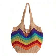 Women Knit Shoulder Bag, Large Capacity Contrast Color Handbag Tote For Casual Daily - Khaki - View 6