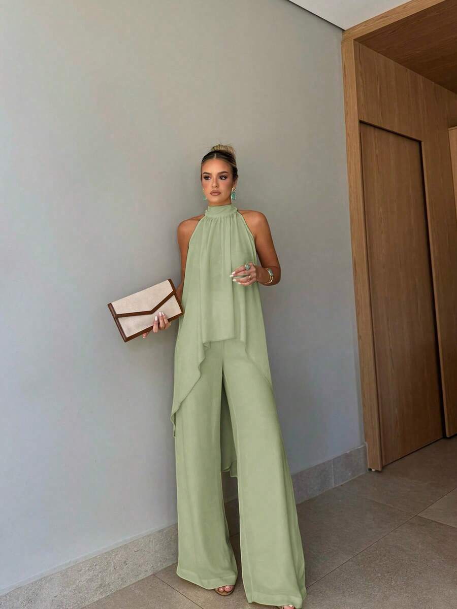 2pcs Set Solid Color Elegant Casual Party Front Short Back Long Twist Halter Neck Long Top & Pants Women Suit, Vacation & Date Outfit, Spring/Summer - Bean Green - View 1
