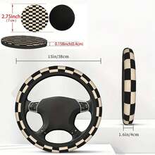 1个复古黑白格子印花汽车方向盘套 + 2个配套印花汽车杯垫，3件套，防水方向盘套，适用于14.5-15英寸方向盘 - 彩色 - 查看 2