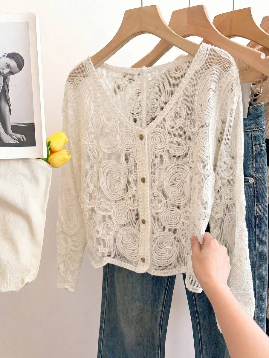 Áo khoác ngoài Wixra kiểu Pháp cổ chữ V khoét rỗng thêu họa tiết, mẫu mới mùa xuân/hè, chất liệu mỏng nhẹ, thoáng mát. - trắng - Xem 1