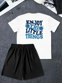 男士圆领短袖正能量标语印花T恤+抽绳短裤套装，大码夏季休闲装 - 白色 - 查看 3
