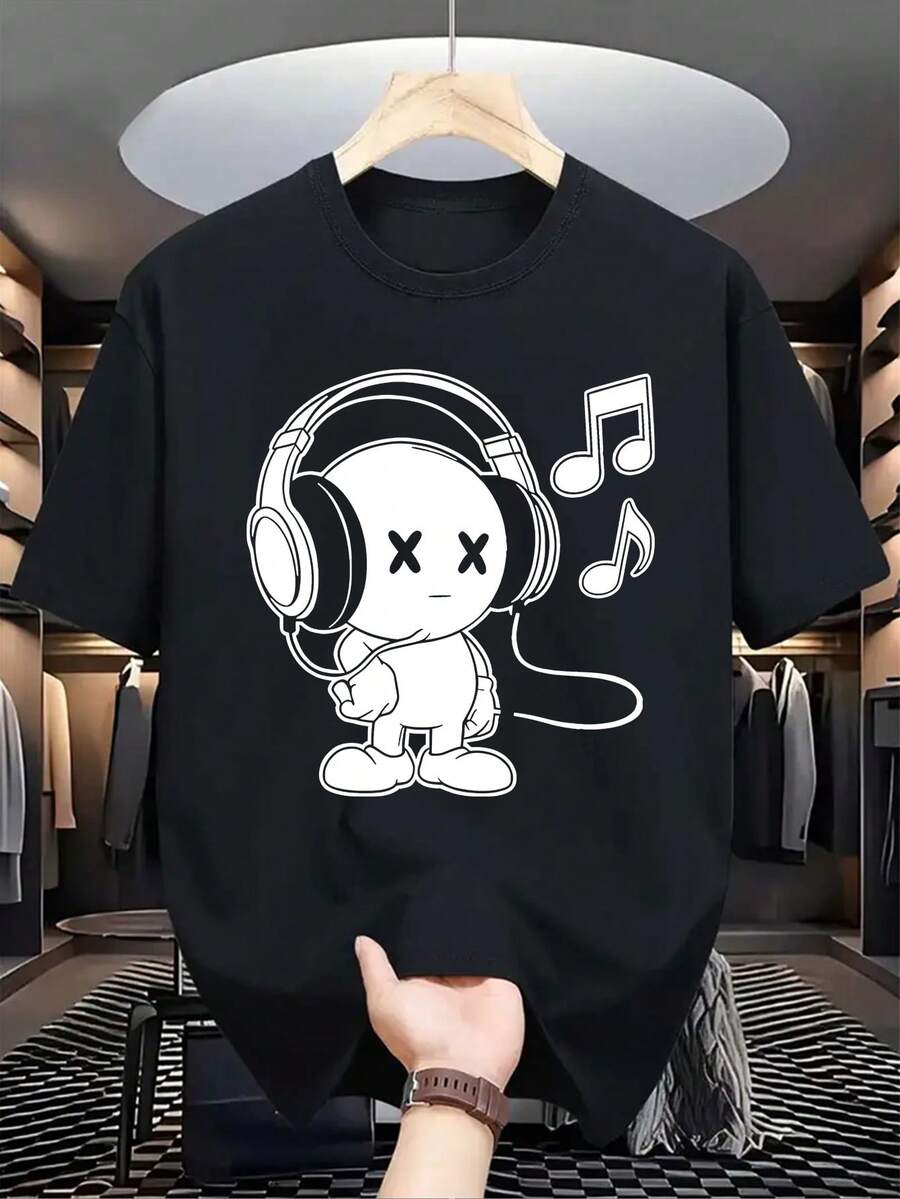 Unisex Size. Women's Plus Size Summer Cotton T-Shirt. Men's Red Graphic Music Design T-Shirt - Casual Summer T-Shirt With Robot And Headphones Design, Crew Neck, Short Sleeves, Cotton, Machine Washable. Sweat-Absorbing, Soft, And Skin-Friendly Material. - 黑色 - 查看 1