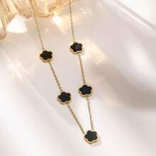 1件优雅18K镀金不锈钢黑色珐琅四叶草项链，适合日常佩戴 - 彩色 - 查看 3