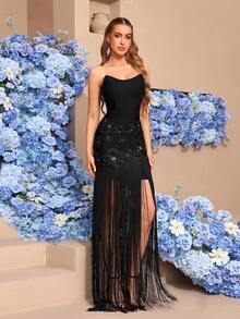 New Arrival Heavily Embellished Sexy Women's Pink 3D Floral Diamond Decor Off-Shoulder Backless Tassel Dress, Bridesmaid Gown, Elegant Women's Holiday Party Formal Evening Dress - Black - View 6