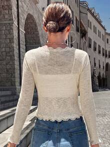 Áo khoác cardigan mỏng tay dài cổ chữ V viền ren, chất liệu dệt kim gân màu mơ của Jennie Growth dành cho nữ, kiểu dáng thoải mái và nhẹ nhàng, hoàn hảo cho kỳ nghỉ xuân hè, bữa ăn sáng muộn, hẹn hò, phong cách đường phố và chụp ảnh trên bãi biển. - Màu be - Xem 2