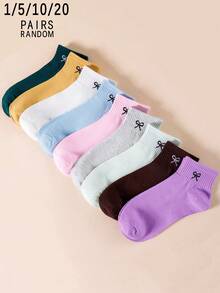 1/5/10/15/20 Pairs Random Women's Solid Color Bow Tie Sports Style Breathable Ankle Socks - Multicolor - View 2