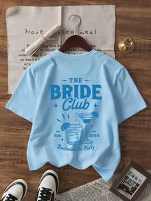 1件女款夏季寬鬆短袖T恤上衣，Bride Club單身派對圖案印花T恤，可愛女裝上衣，女性度假節慶優雅休閒夏裝 - 淺藍色 - 查看 4