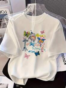 Damtoppar 2026: Snygg kortärmad t-shirt med tecknat tryck för kvinnor, perfekt för sommaren, Y2K-mode, mångsidig och avslappnad med rund hals. Våroutfit - [Vit] - Visa 1