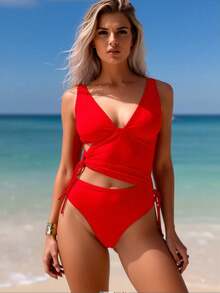 Women's Red Wrap Tankini With Double Cutouts, Tie Side High-Waist Bottoms For Summer Beach Vacation - Đỏ - Xem 3