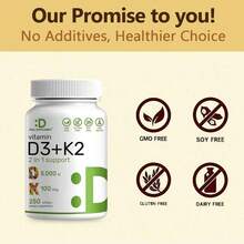 Supplement Vitamin D3 & K2 | 2-In-1 Formula (5000  D3 +100mcg K2 MK7) |   Supports Healthy Bones, Teeth, Heart, & Immune System |   Nutrition & Healthcare Supplement Dietary Edible Fitness | 250 Veggie Softgels - 2 chai - Xem 6
