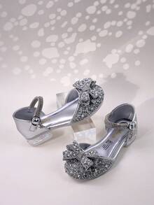 Children Flat Sandals, Girls Sandals, Princess Shoes With Rhinestone Bow, Hook And Loop, Pearl Closed Toe, Fashion Sandals - Silver - View 8