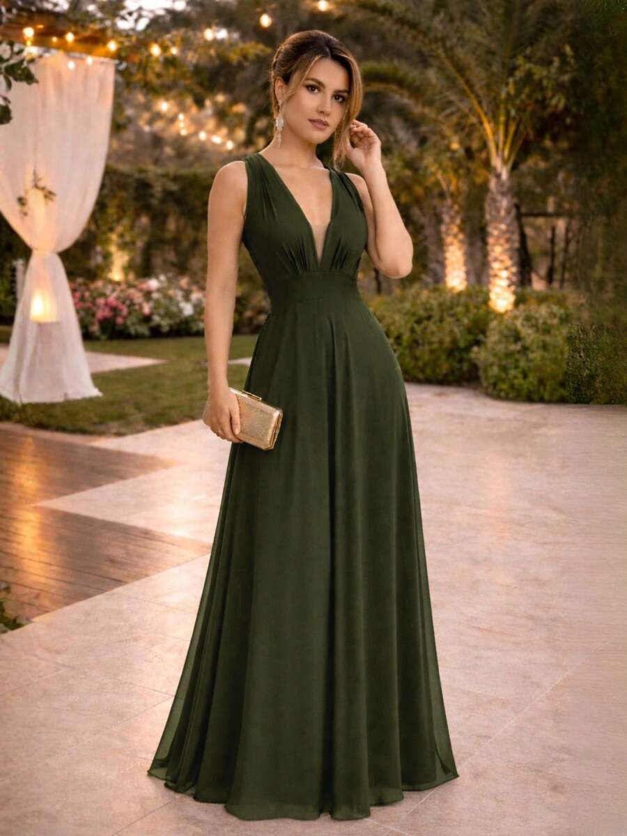 Long Navy Tulle Dress For Bridesmaid Graduation Party Marsala - 墨綠色 - 查看 1