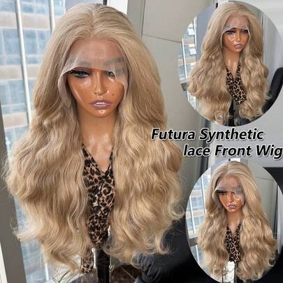Kanekalon Futura Hair Blonde 13x6 Synthetic Lace Front Wigs For Women 22 Inch Long Wave Glueless Kanekalon Hair Resistant Synthetic Hair Wigs Free Part 150% Density For Women Daily Party Vacation Holiday Beginner Use Natural Looking Wigs Ready To Wear HD Glueless Lace Synthetic Wigs Heat Resistant Fiber Hair Wigs For Fashion Women Daily Party Festival Beginner Use