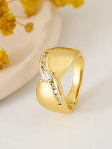 1pc Fashion Cubic Zirconia Decorated Copper Wide Band Ring, Suitable For Women's Daily, Wedding, Engagement, Party Jewelry, Valentine's Day Gift - Gold - View 4
