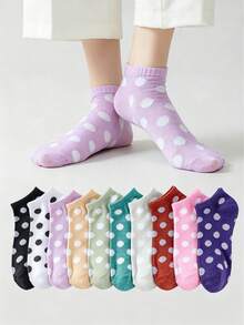 10 pares de calcetines cortos con lunares lindos, calcetines casuales de varios colores y de corte bajo para mujeres, de moda para varias ocasiones - Multicolor - Ver 1