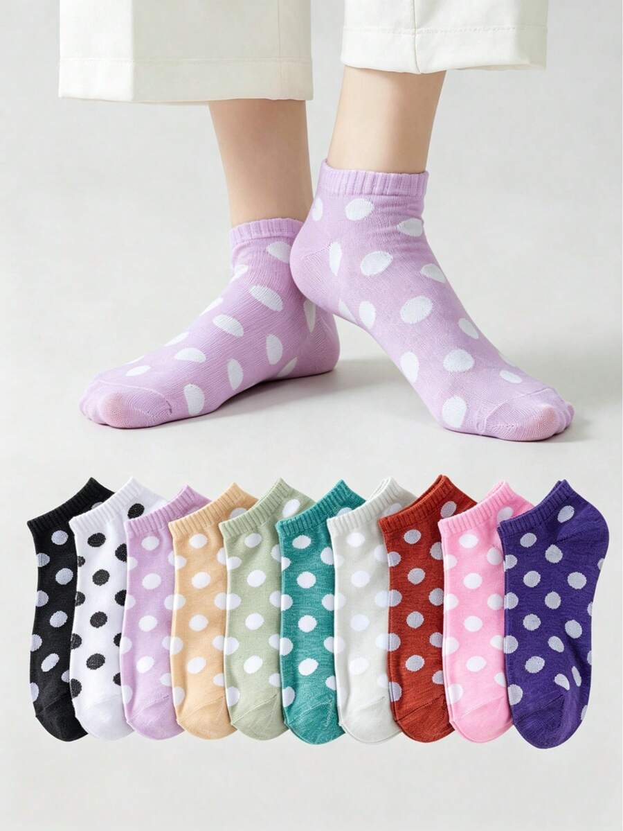 10 pares de calcetines cortos con lunares lindos, calcetines casuales de varios colores y de corte bajo para mujeres, de moda para varias ocasiones - Multicolor - Ver 1