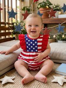 My First 4th Of July Baby Girl Outfit Fly Sleeve American Flag Patriotic Stars Stripes Print Ruffle Sleeves Romper Dress Fourth Of July Cute Girl Clothes - 紅色 - 查看 4