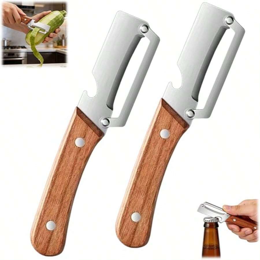2-Pack Wooden Handle Peeler – 2-In-1 Fruit And Vegetable Peeler With Bottle Opener, Stainless Steel Blade, Essential Kitchen Potato, Carrot, Zucchini - 2 cái - Xem 1