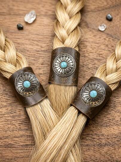 1PC/3PCS Unisex Vintage Faux Turquoise PU Leather Hair Beads, Boho Braided Hair Cuffs, Western Style Hair Accessories For Women