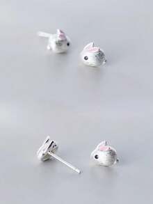 HuooNew 1 Pair 925 Sterling Silver Cute Rabbit Stud Earrings, Delicate 3D Rabbit Animal Earrings, Hypoallergenic Silver Jewelry, Suitable For Women, Perfect Gift - Silver - View 5