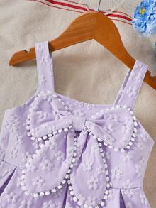 Young Girls' Spring/Summer Spaghetti Strap Floral Textured Pom Pom & Big Bow Decor Princess Dress - Purple - View 4