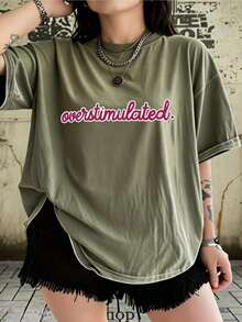 Retro Humorous Letter Patterns Washed Summer Graphic Tee, Oversized Women's Beach, Street Fashion Top For Women - 綠色 - 查看 1